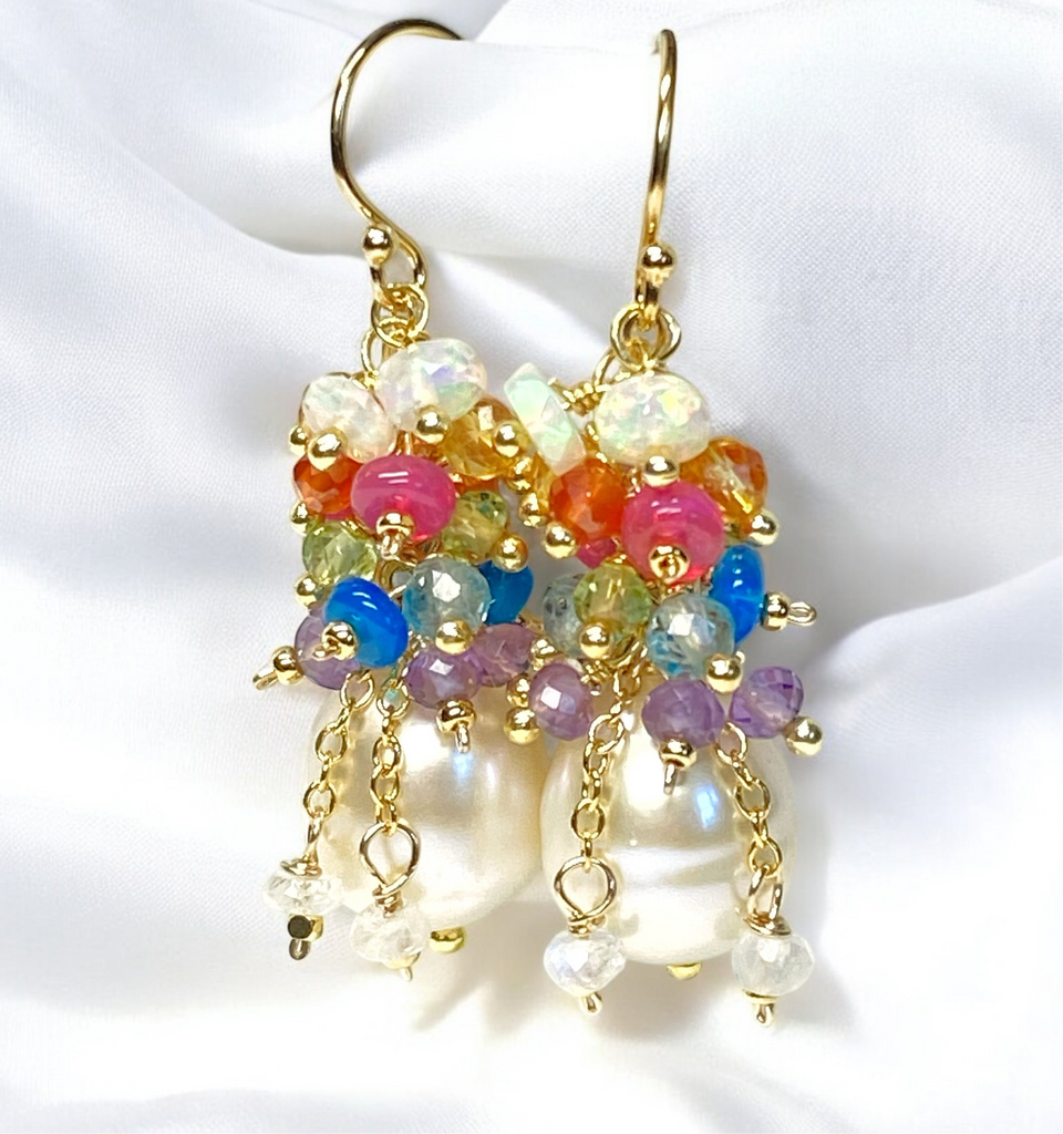 Pearl Earrings with Multi-color Opals and Gemstones in Gold Fill or Sterling Silver