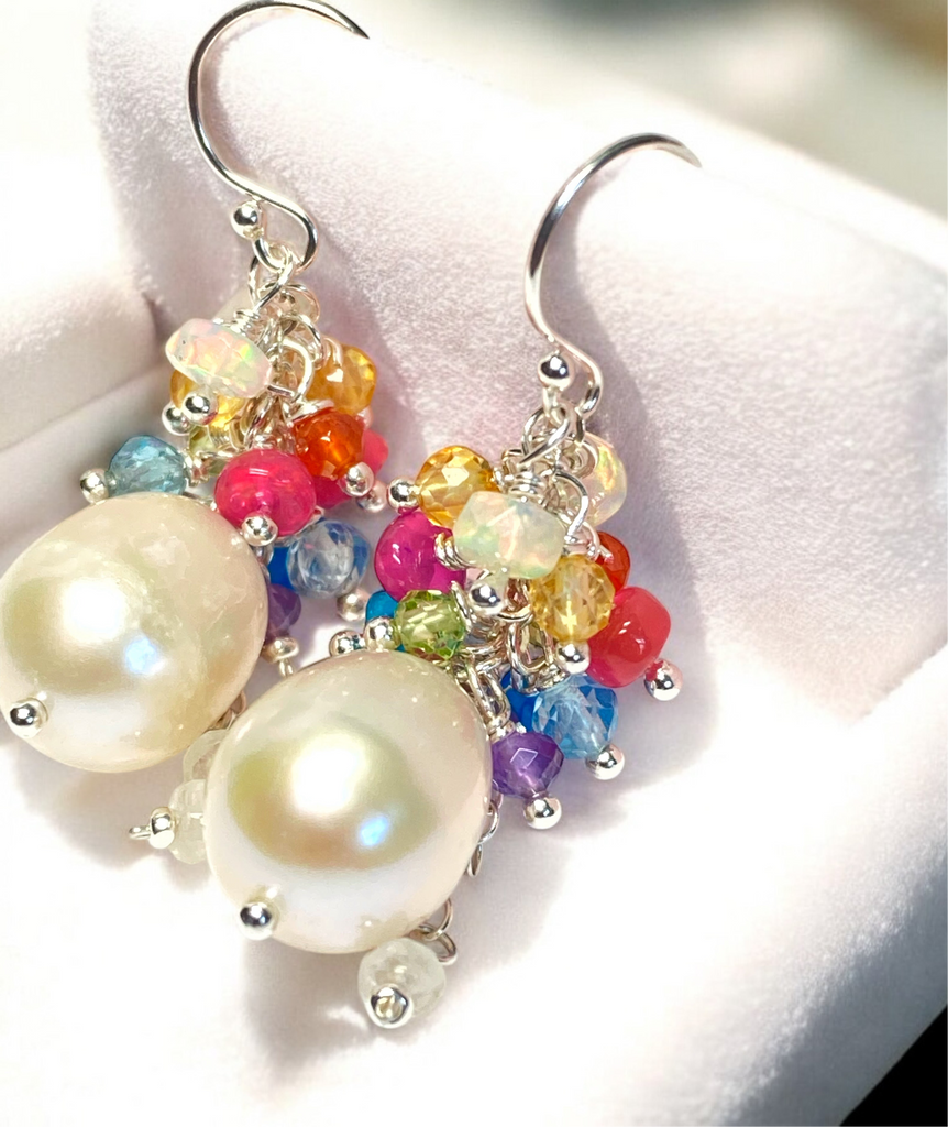 Pearl Earrings with Multi-color Opals and Gemstones in Gold Fill or Sterling Silver