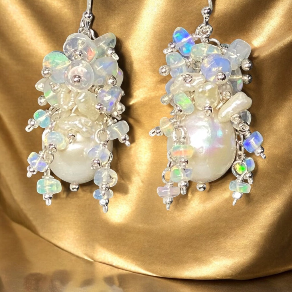 Pearl Ethiopian Opal Cluster Bridal Earrings Sterling Silver