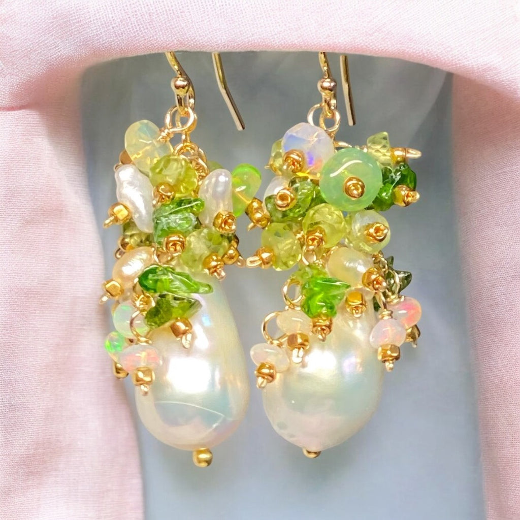 Peridot, Opal, Pearl Cluster Earrings Gold Fill 2