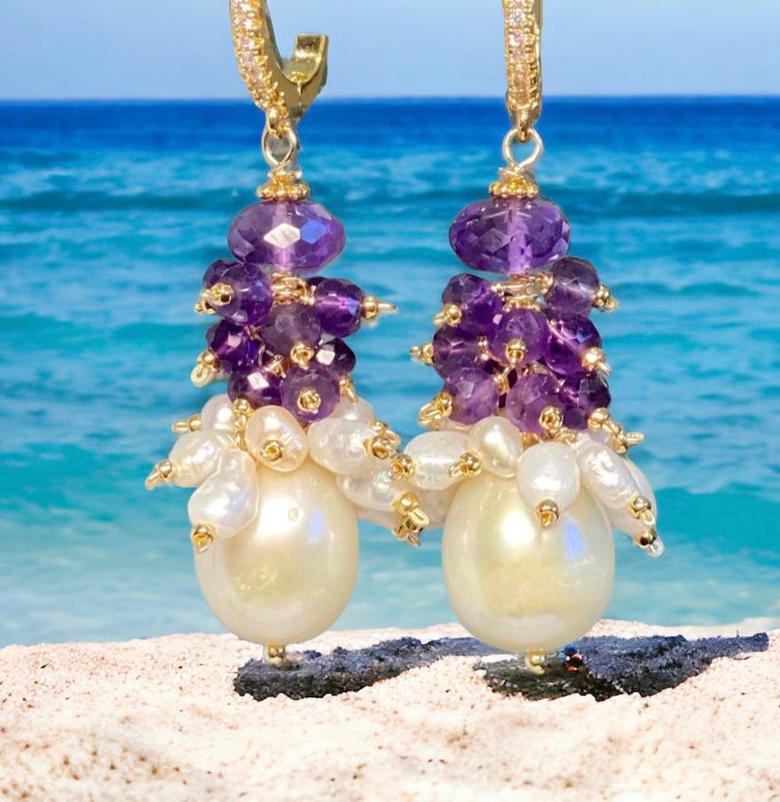 freshwater pearl earrings with clusters of amethyst and tiny pearls