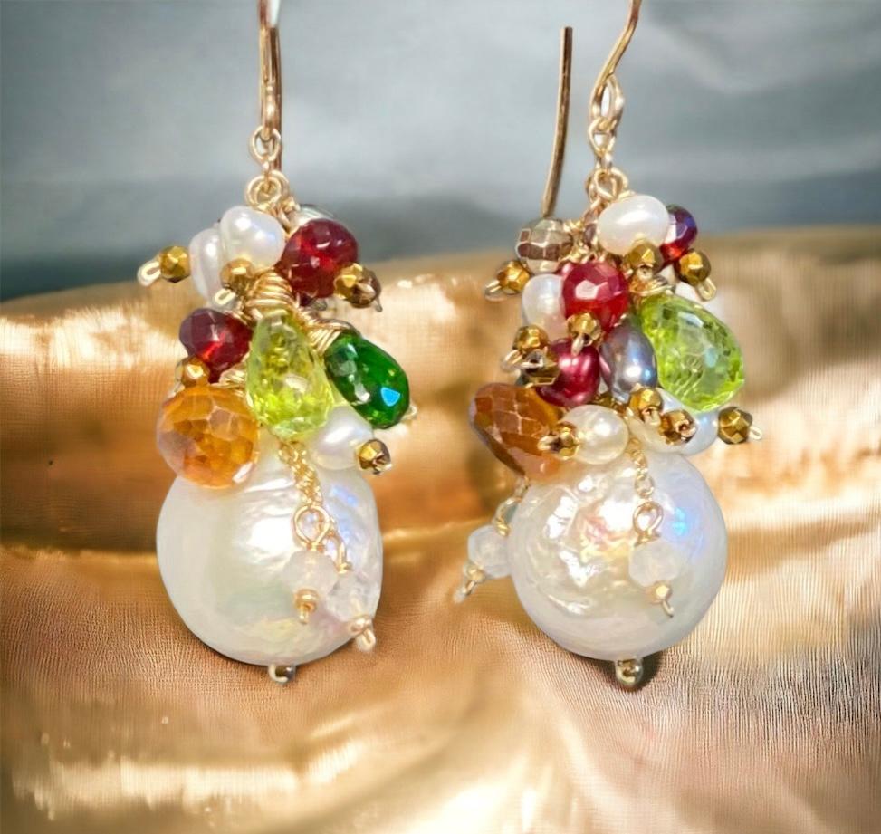 White Edison pearl earrings with gemstone clusters in autumn hues on gold fill
