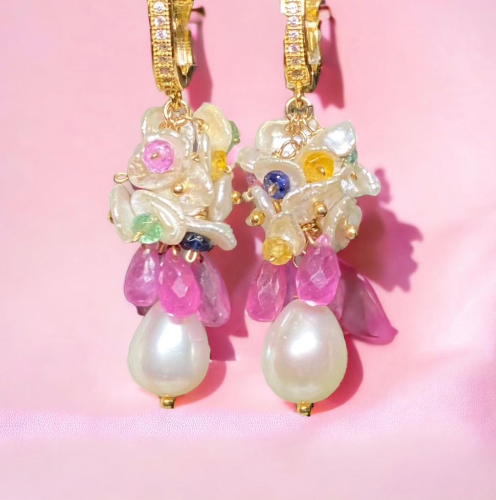 Pink Sapphire and Keishi Pearl Gemstone Earrings - Doolittle