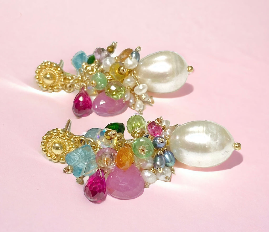 Colorful Gemstone Pearl Cluster Earrings Gold