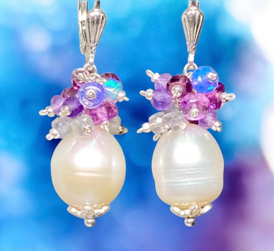 Pearl Cluster Earrings with Pink Purple Sapphire, Labradorite, Amethyst, Opal in Sterling Silver