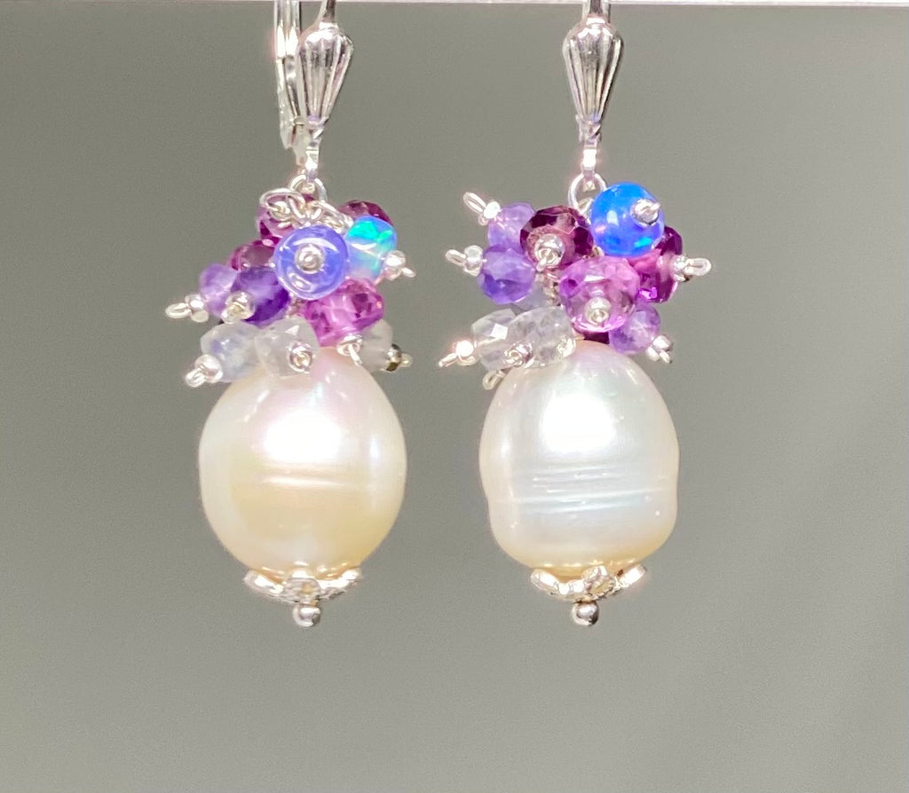 Pearl Cluster Earrings with Pink Purple Sapphire, Labradorite, Amethyst, Opal in Sterling Silver