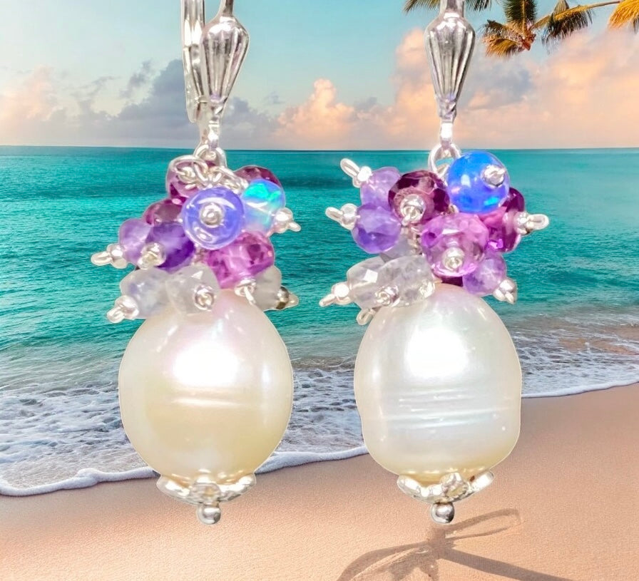 Pearl Cluster Earrings with Pink Purple Sapphire, Labradorite, Amethyst, Opal in Sterling Silver