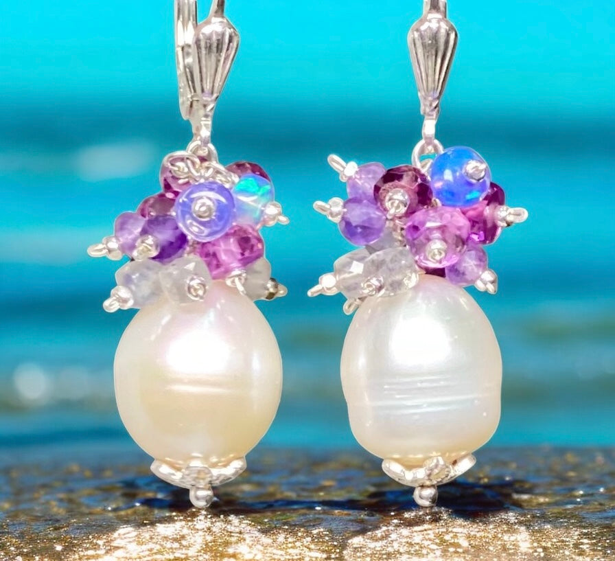 Pearl Cluster Earrings with Pink Purple Sapphire, Labradorite, Amethyst, Opal in Sterling Silver