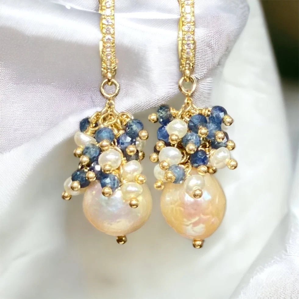 Blue Sapphire and Pearl Cluster Earrings Gold Fill