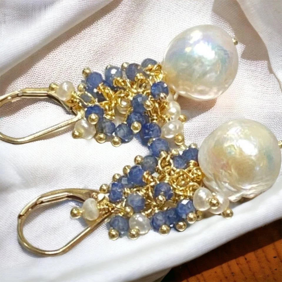 Edison baroque pearls with clusters of blue sapphires and  tiny pearls on gold vermeil ball headpins