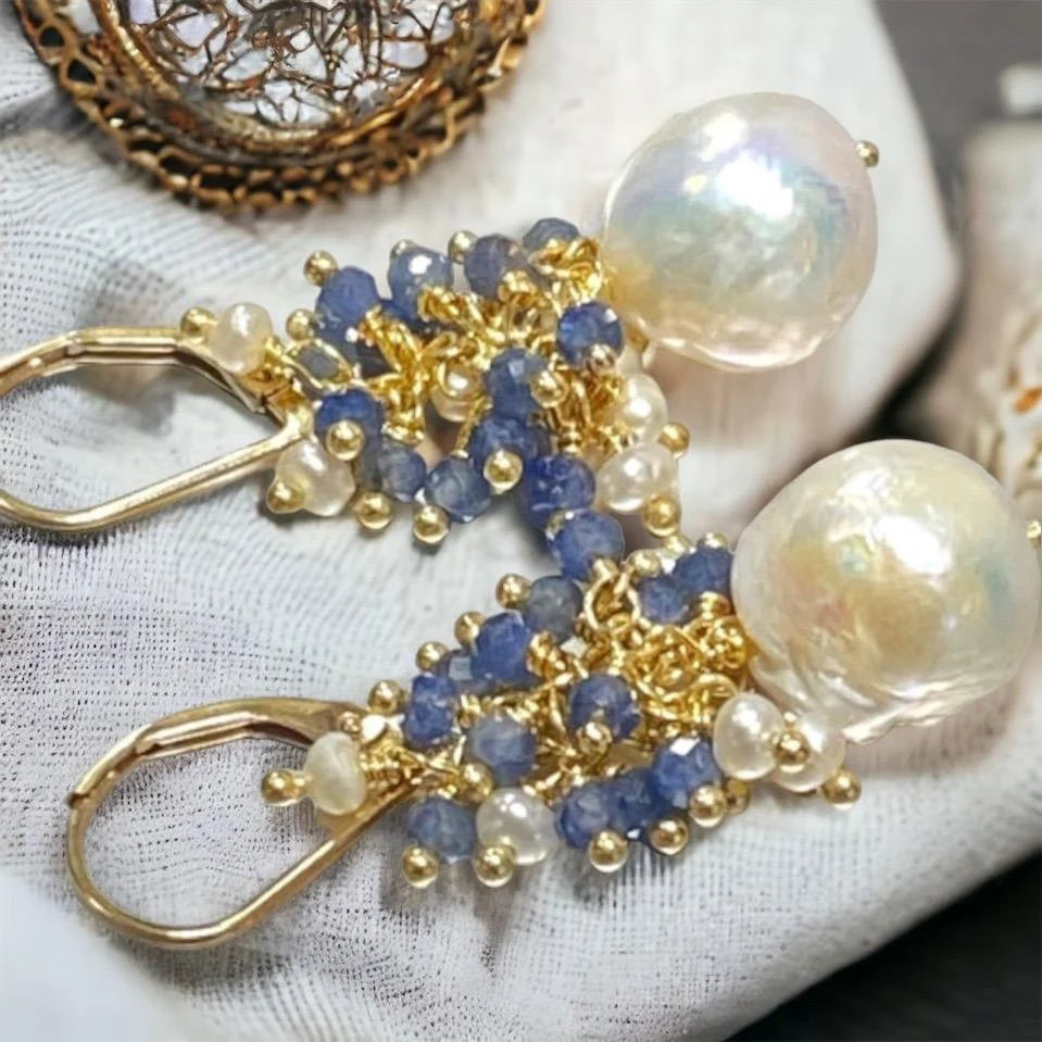 Blue Sapphire and Pearl Cluster Earrings Gold Fill
