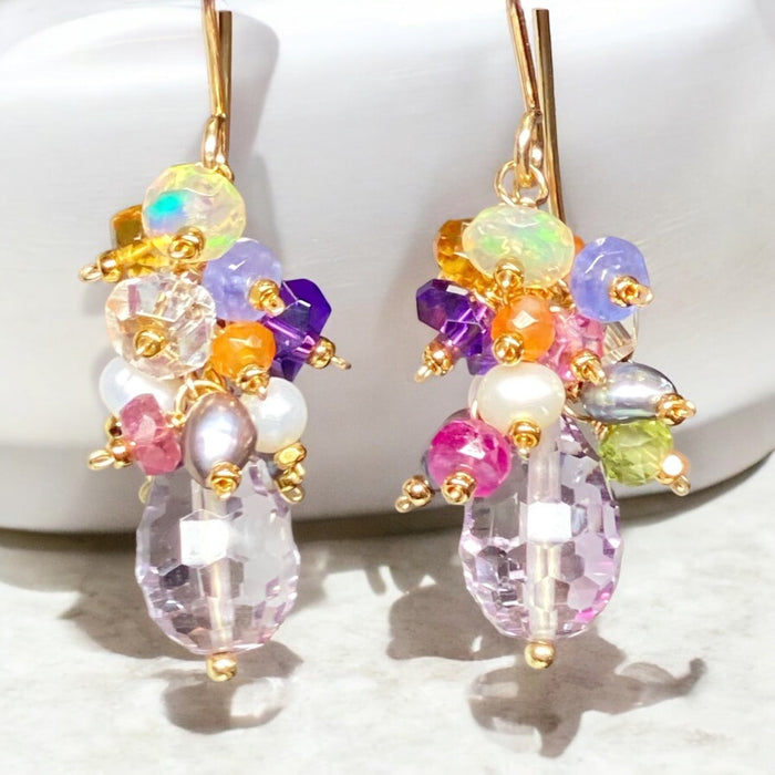 PInk Amethyst Multi Gemstone Cluster Dangle Earrings