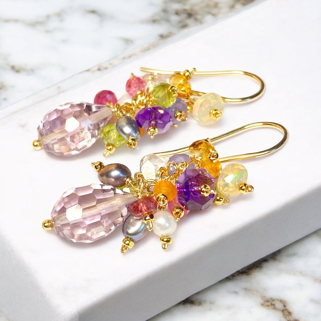 PInk Amethyst Multi Gemstone Cluster Dangle Earrings