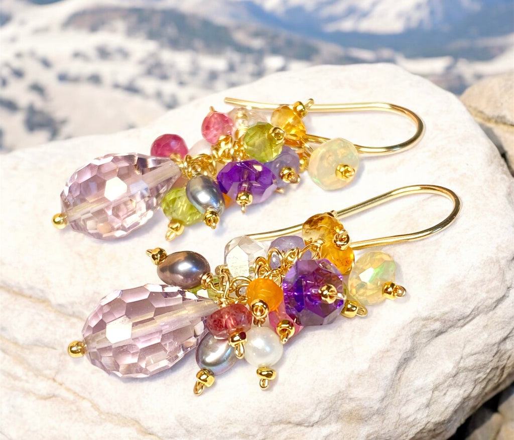 PInk Amethyst Multi Gemstone Cluster Dangle Earrings