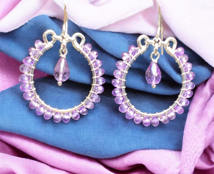 Lavender Pink Amethyst Chandelier Hoop Earrings Sterling Silver