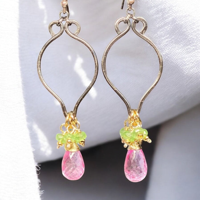 Pink and Green Gemstone Long Dangle Earrings, Mixed Metal, Tsavorite