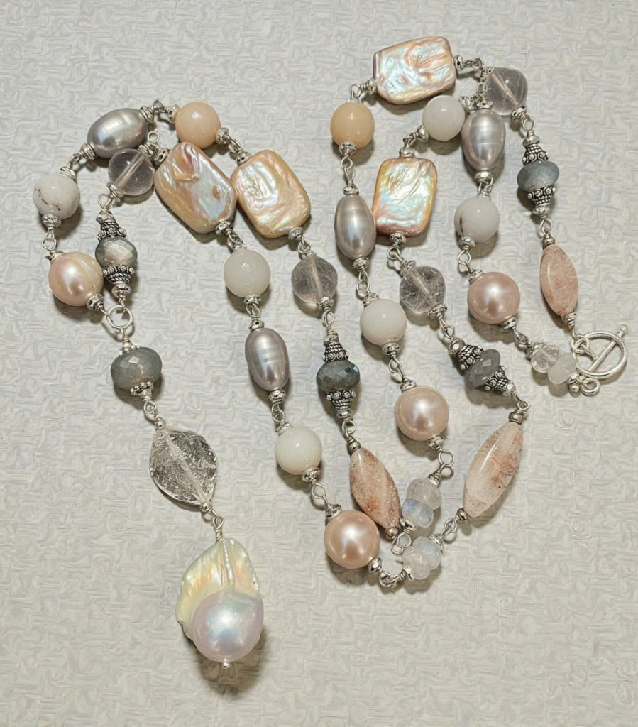 Long Silver Gemstone Pearl Necklace Blush Pink & Grey Toggle Clasp