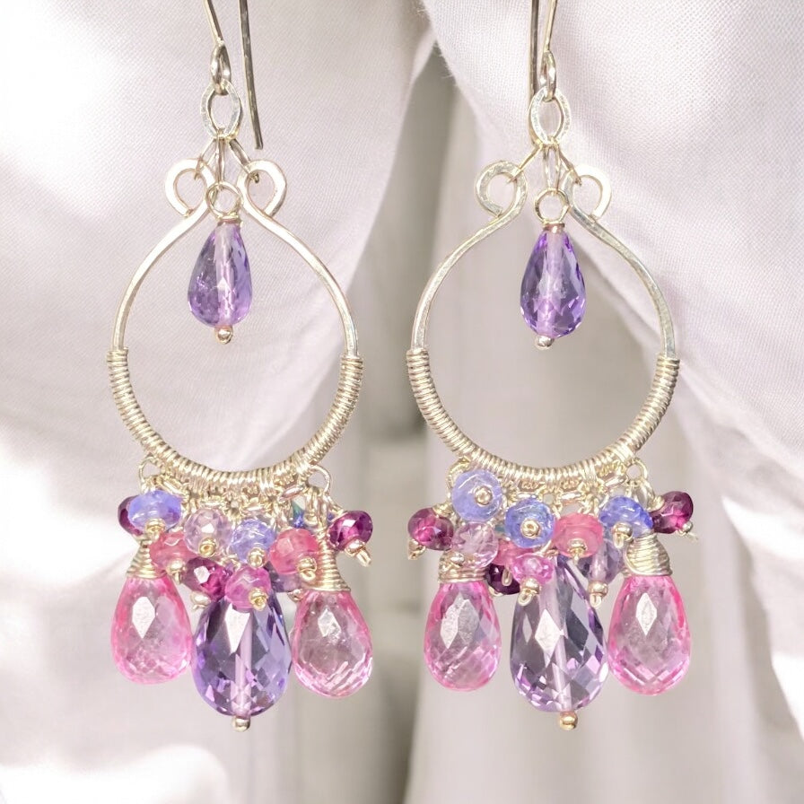 Pink Gemstone and Amethyst Chandelier Earrings Sterling Silver