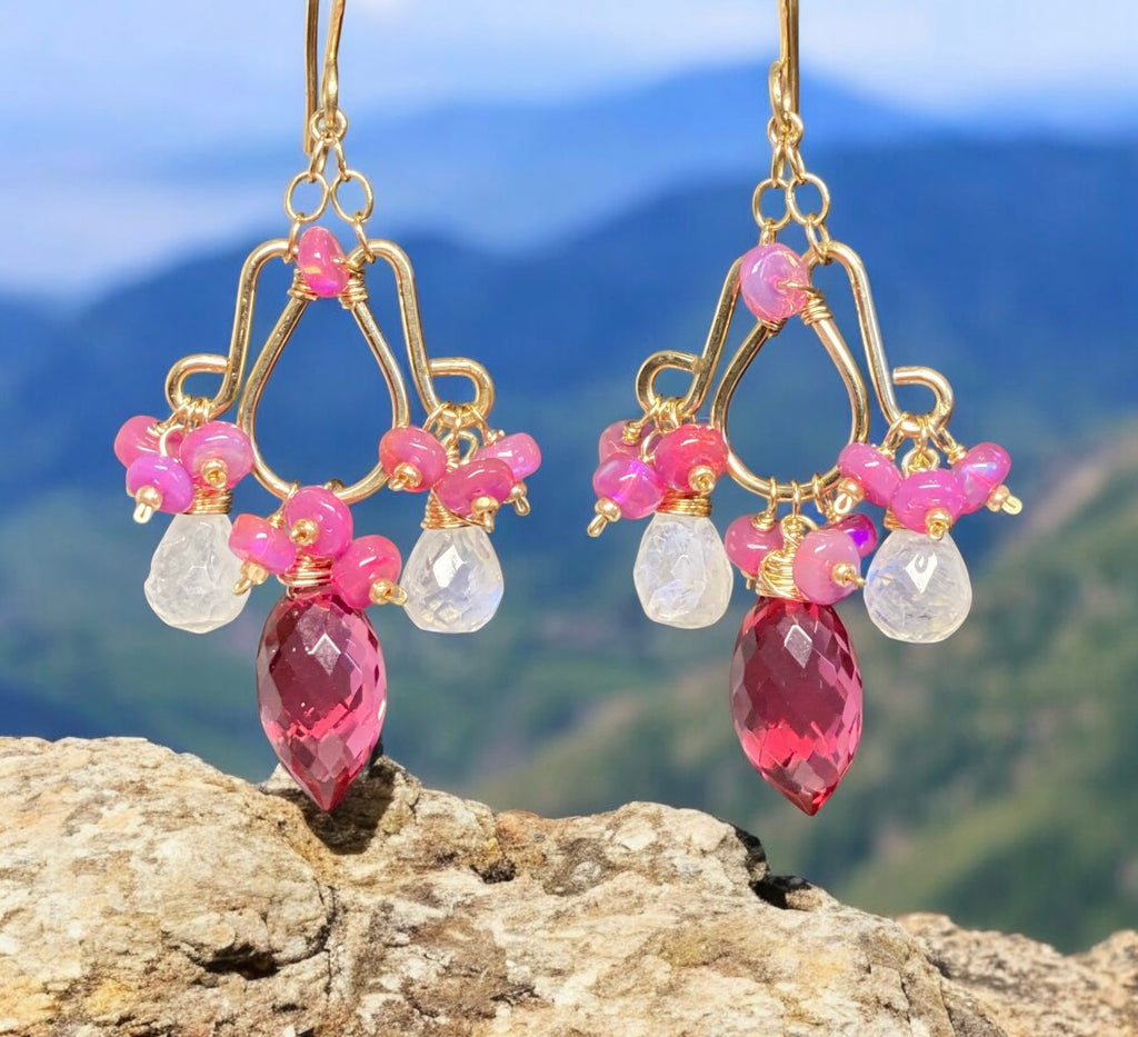 Rubellite Pink Quartz Moonstone Chandelier Earrings Pink Opals, Gold Fill