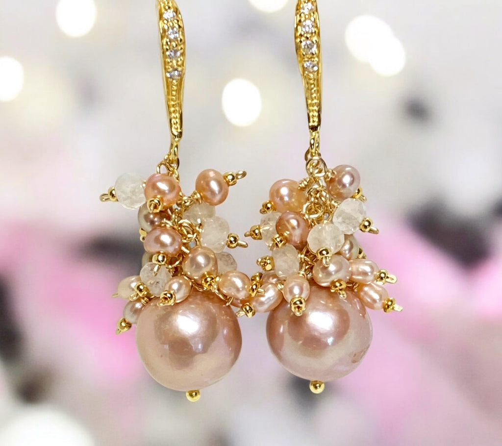 Blush Pink Edison Pearl Cluster Earrings Gold Fill