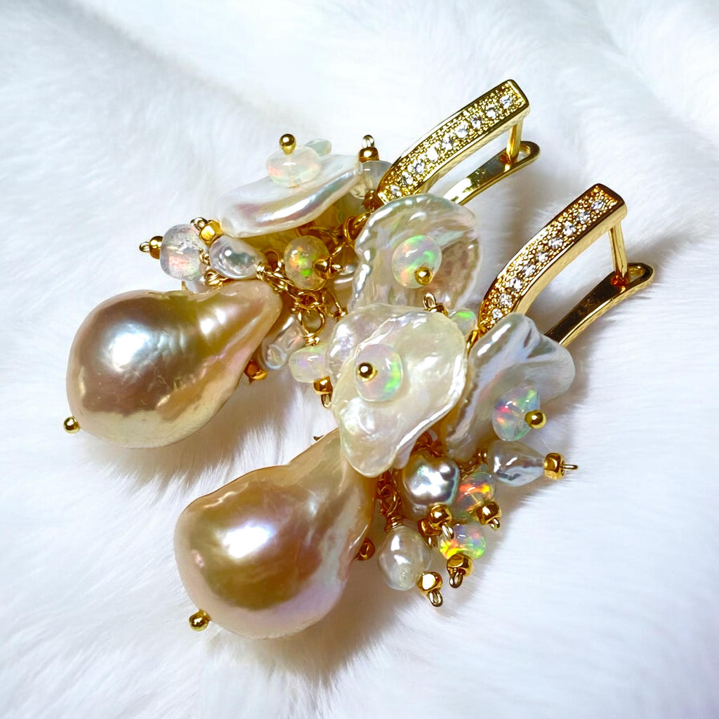Baroque Edison Pearl Keishi Pearl Opal Cluster Earrings Bridal Gold - Doolittle