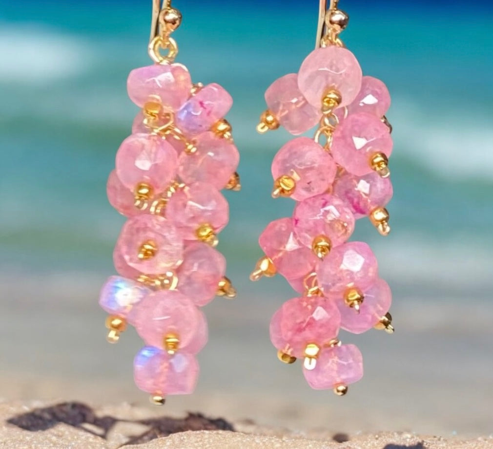 Pink Moonstone Cluster Tassel Earrings