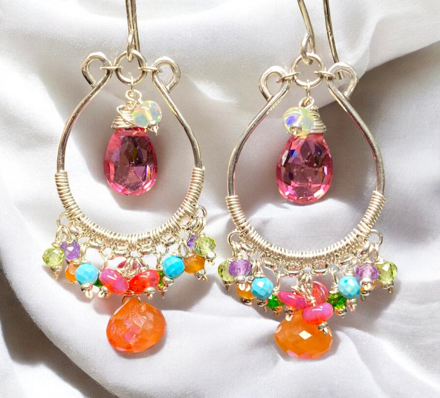 Pink, Orange, Multi Gemstone Sterling Silver Hoop Chandelier Earrings