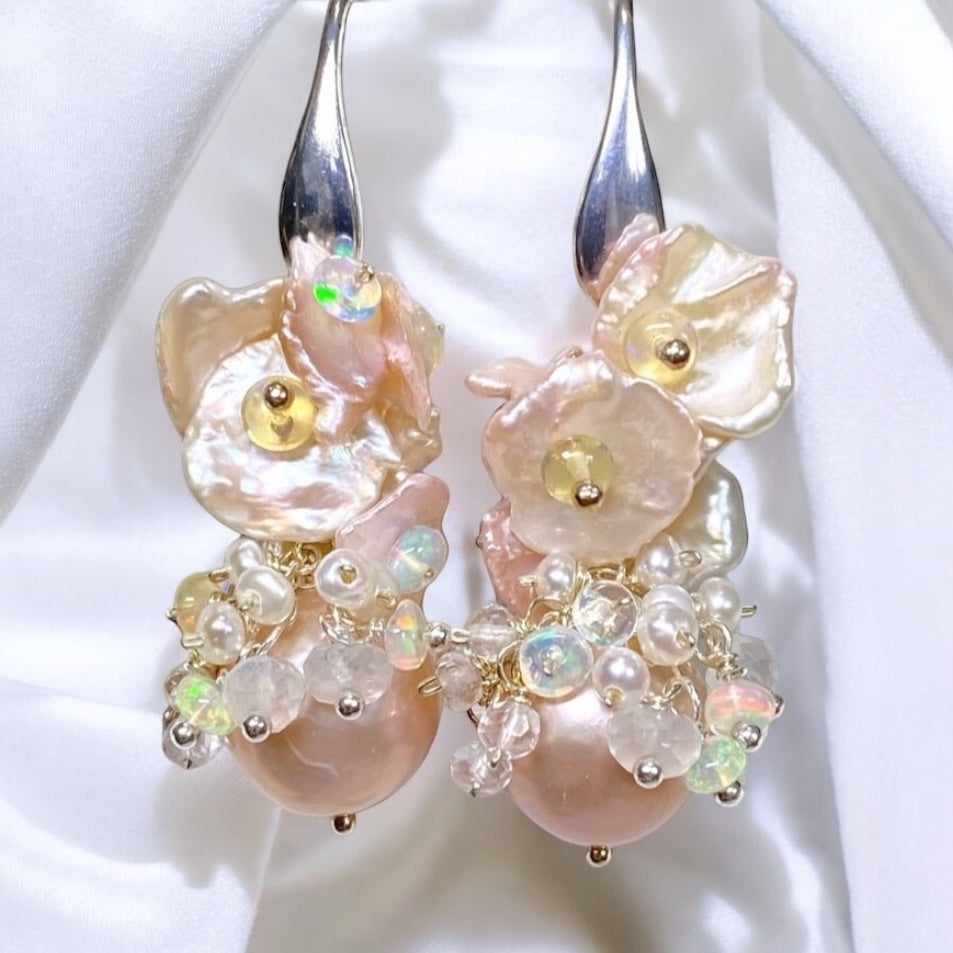 Pink Pearl Blush Keishi and Opal Cluster Earrings in Sterling Silver