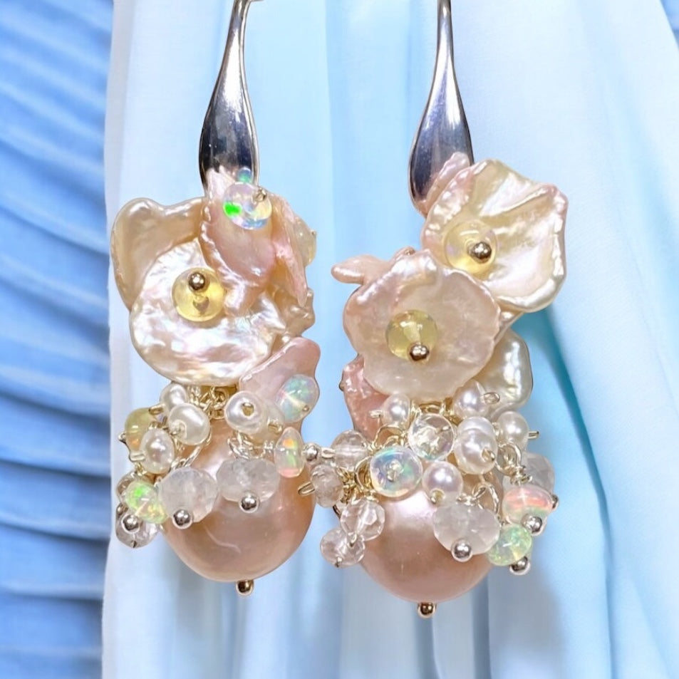 Pink Pearl Blush Keishi and Opal Cluster Earrings in Sterling Silver