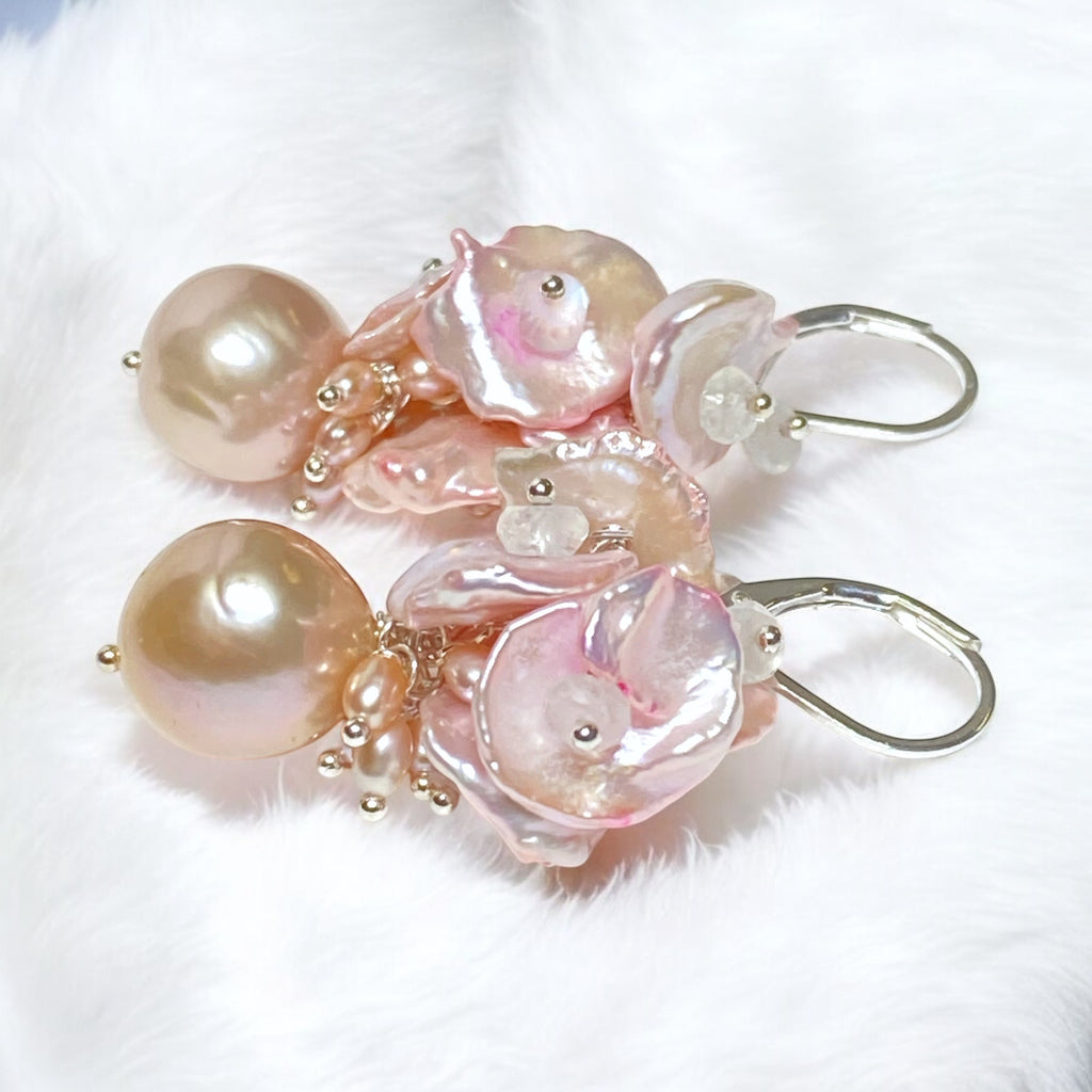 Pink Pearl Cluster Earrings, Blush Pink Keishi Pearls, Sterling Silver