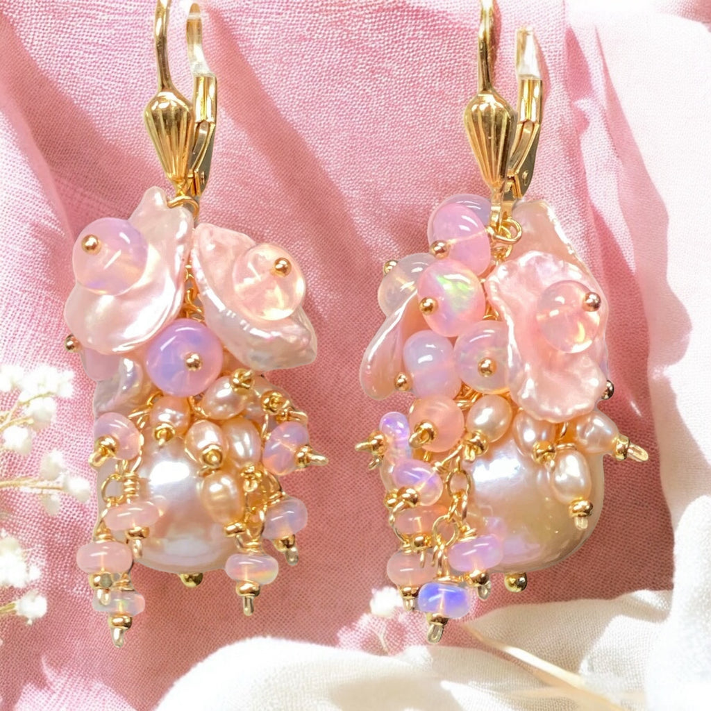 Pink Pearl Ethiopian Opal Cluster Bridal Earrings Gold Fill