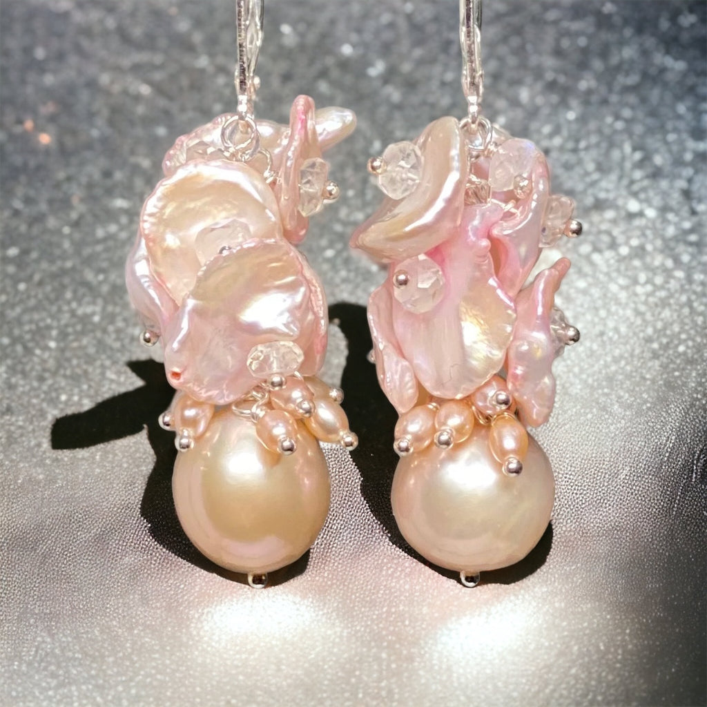 light pink freshwater pearl cluster earrings