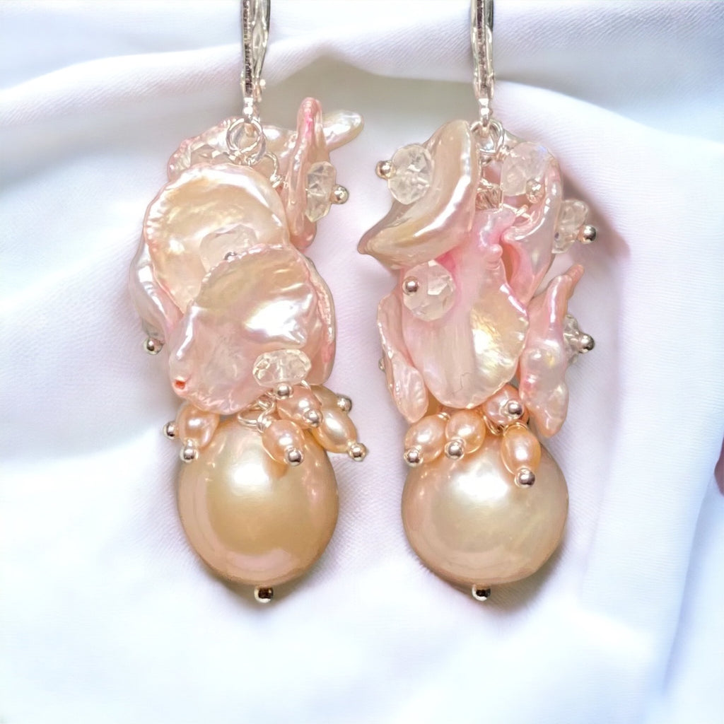 pink pearl cluster earrings in sterling silver