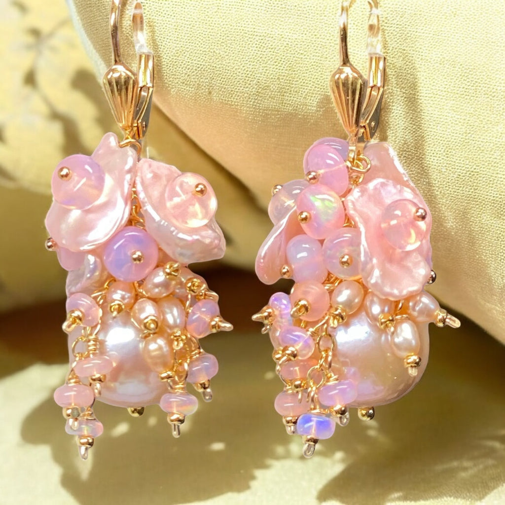 Pink Pearl Ethiopian Opal Cluster Bridal Earrings Gold Fill