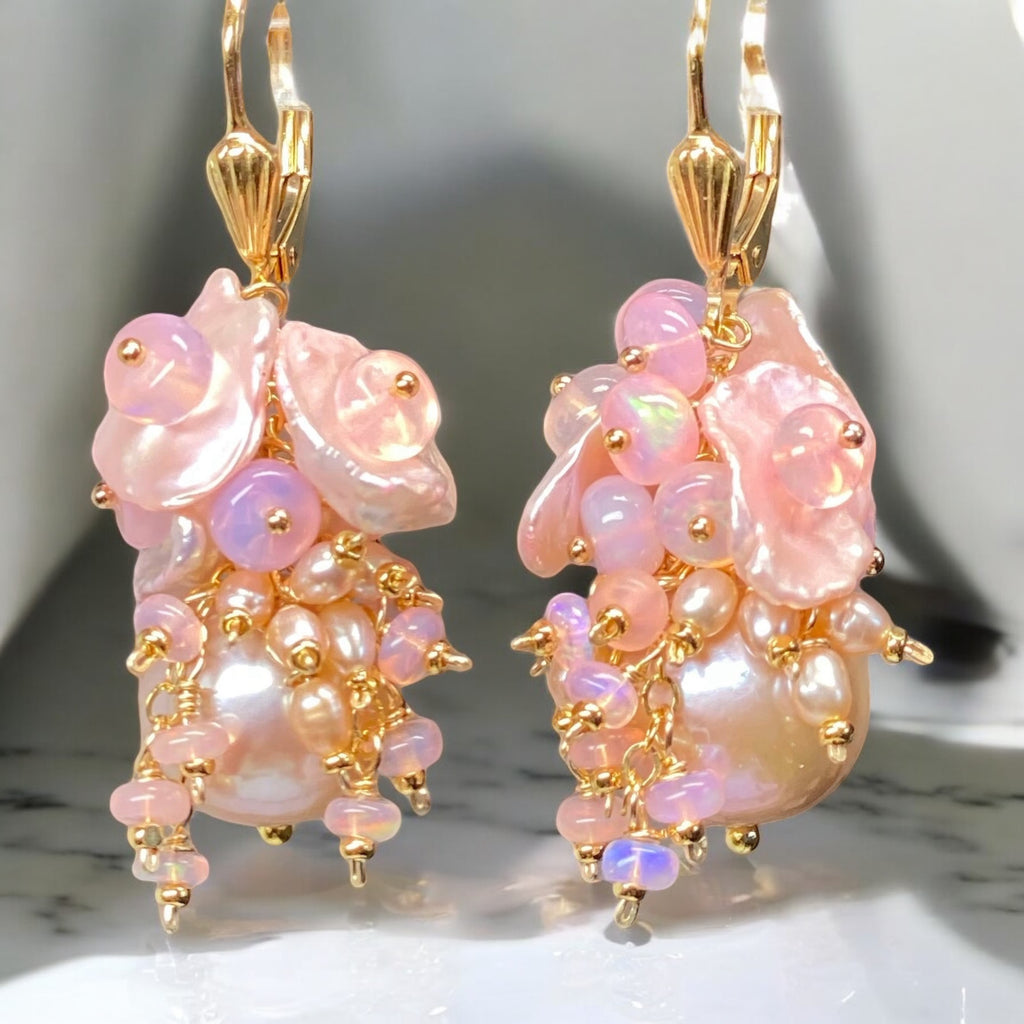 Pink Pearl Ethiopian Opal Cluster Bridal Earrings Gold Fill