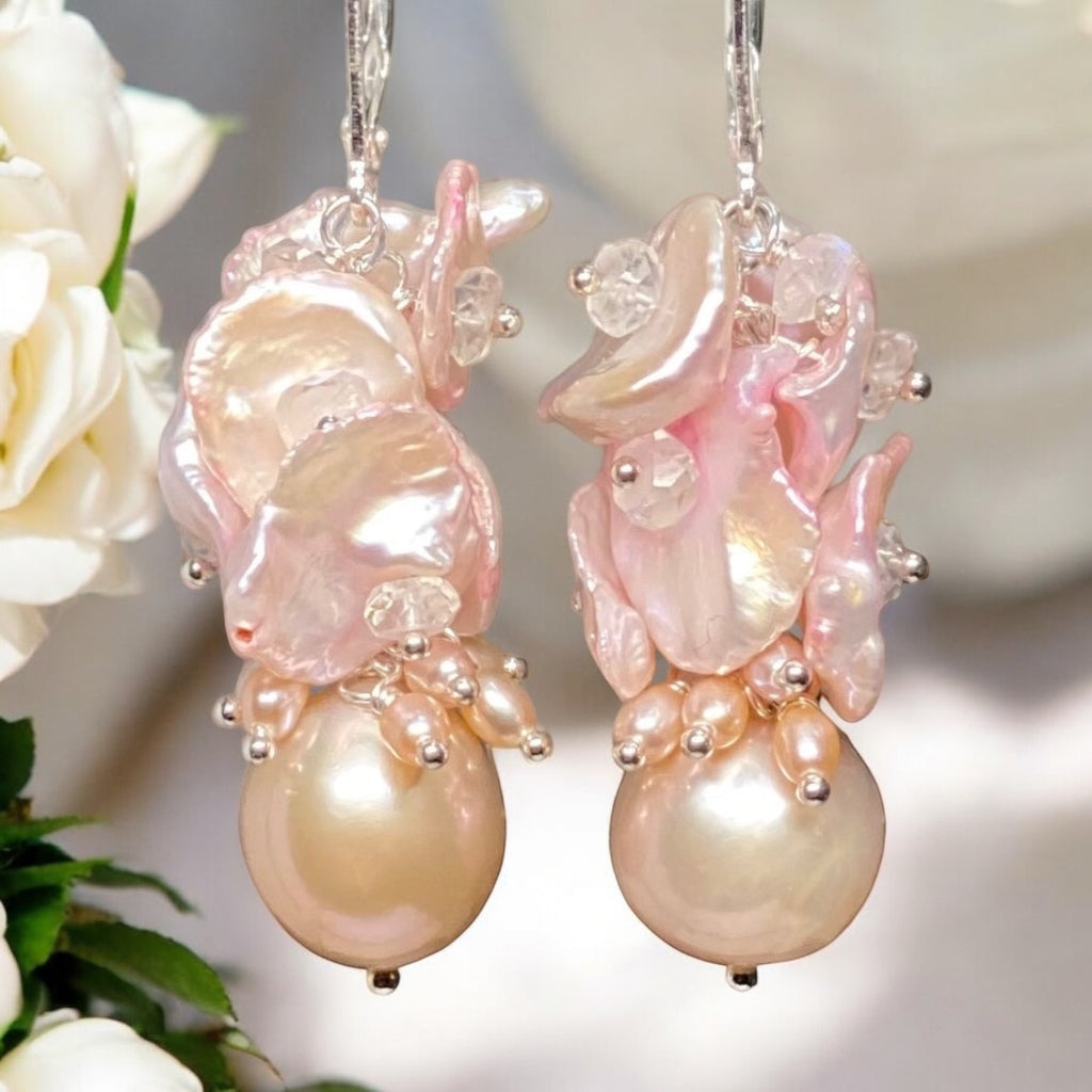 Pink Pearl Cluster Earrings, Blush Pink Keishi Pearls, Sterling Silver