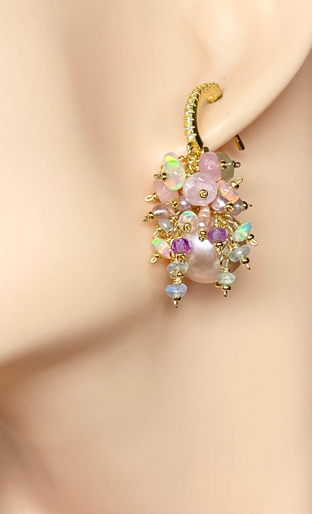 Pink Round Pearl and Gem Cluster Wedding Earrings with Tourmaline and Opals 2