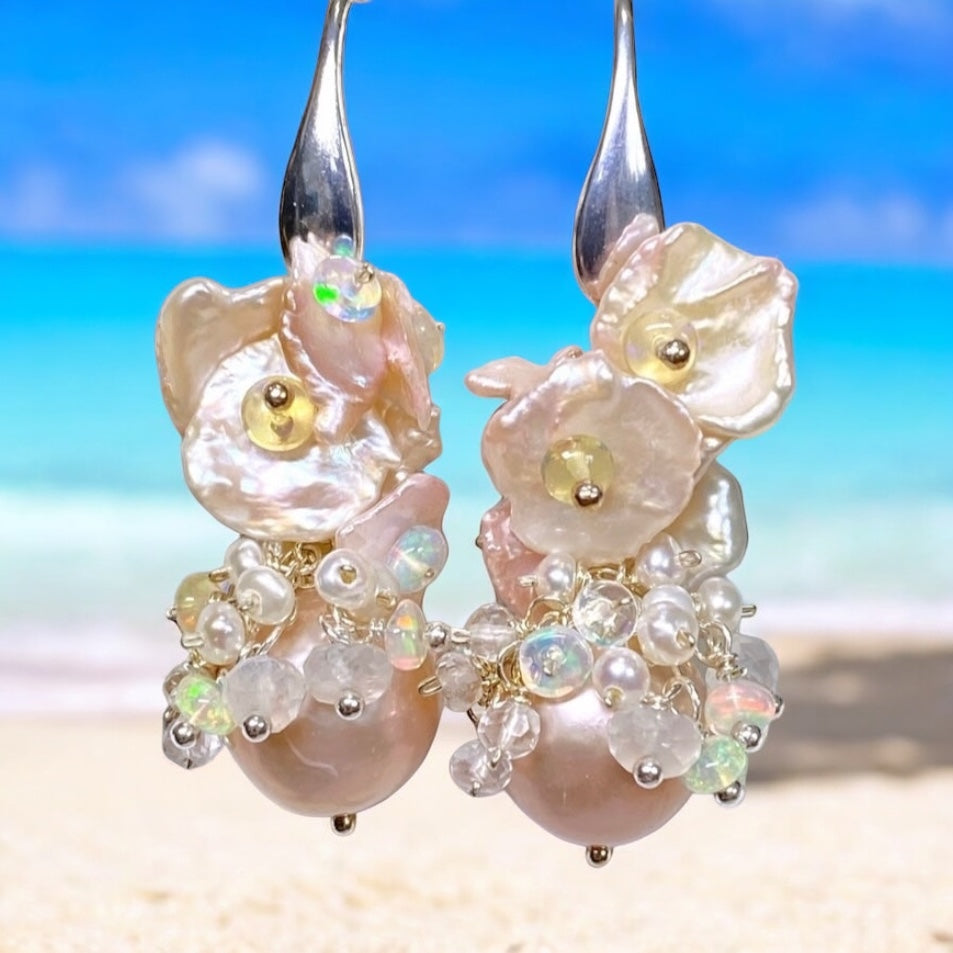 Pink Pearl Blush Keishi and Opal Cluster Earrings in Sterling Silver