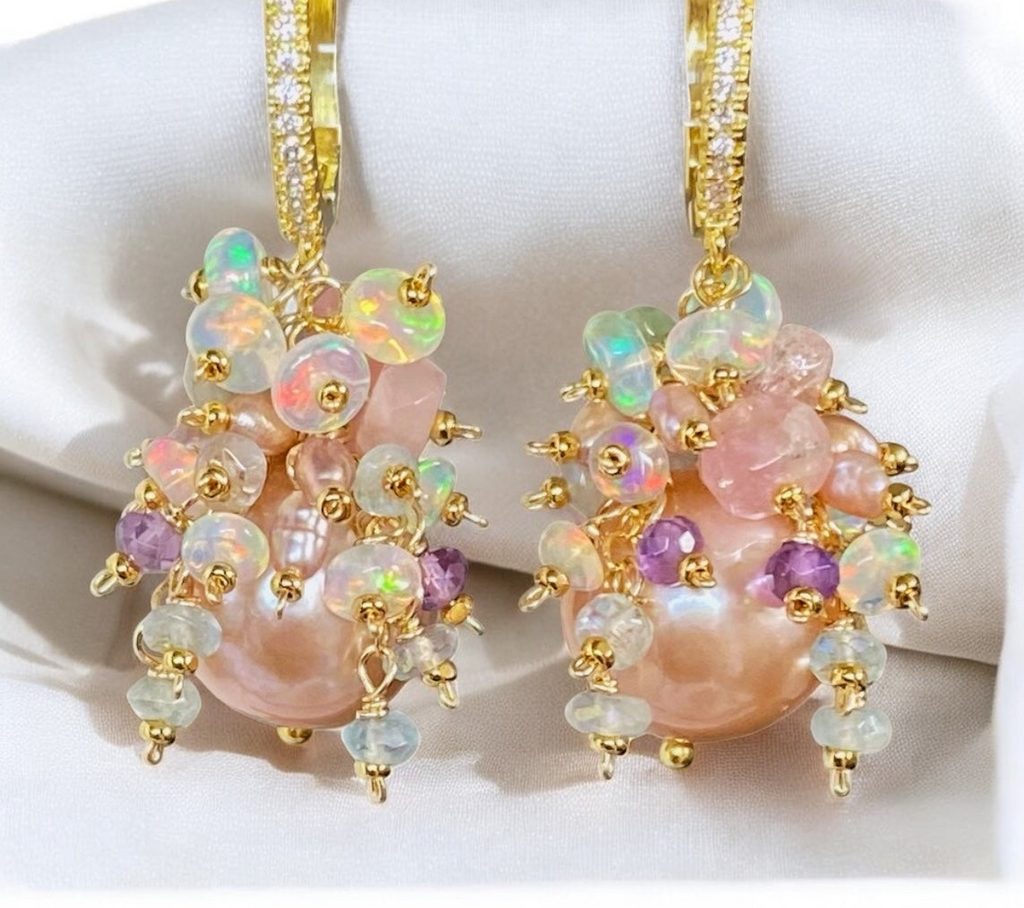 Pink Round Pearl and Gem Cluster Wedding Earrings with Tourmaline and Opals 2
