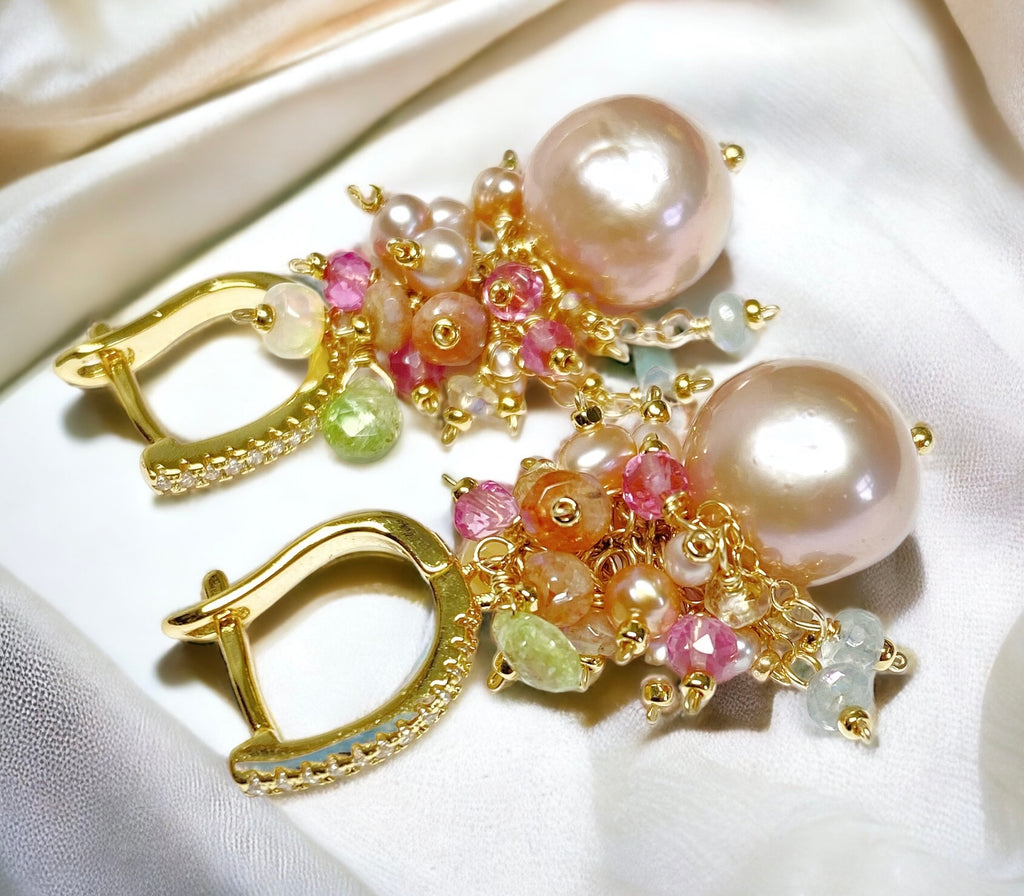 Pink Round Pearl and Gem Cluster Wedding Earrings with Tsavorite