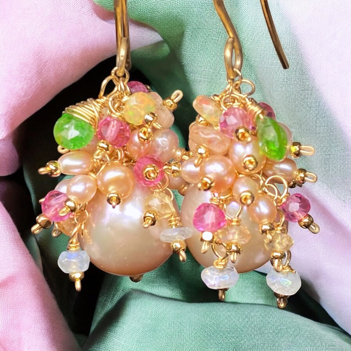 Pink Round Pearl and Gem Cluster Wedding Earrings with Tsavorite