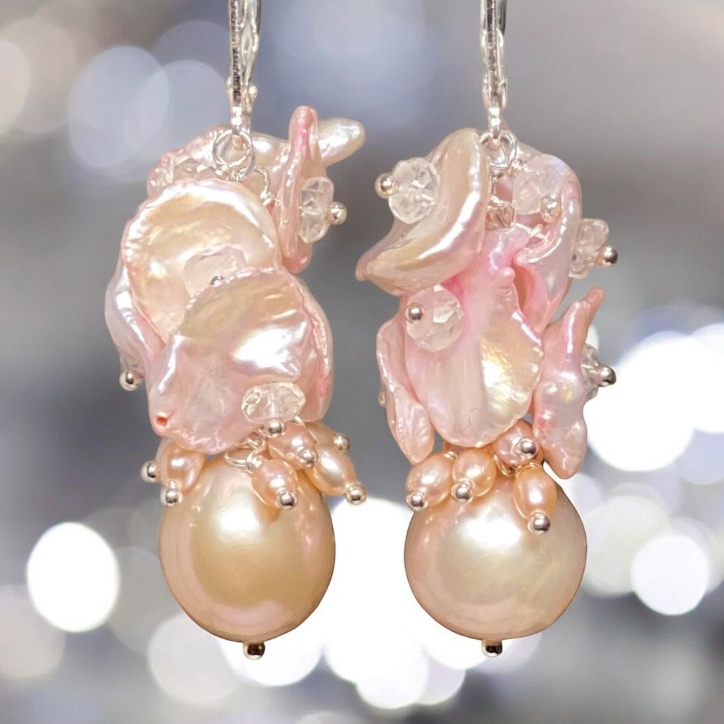 Pink Pearl Cluster Earrings, Blush Pink Keishi Pearls, Sterling Silver