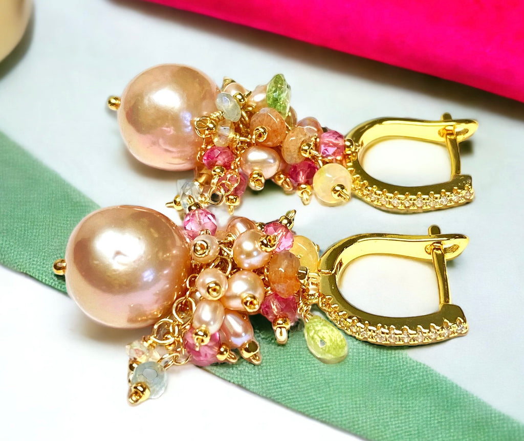 Pink Round Pearl and Gem Cluster Wedding Earrings with Tsavorite