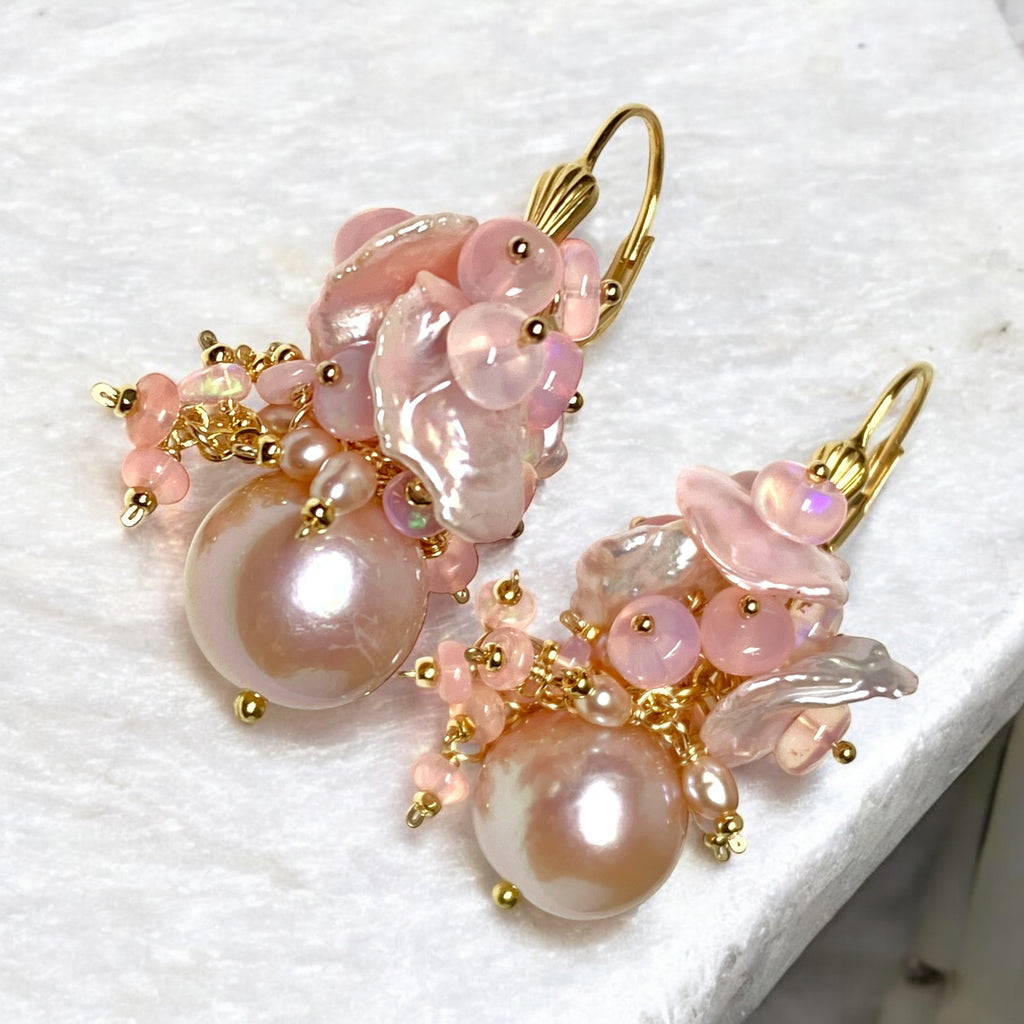 Pink Pearl Ethiopian Opal Cluster Bridal Earrings Gold Fill