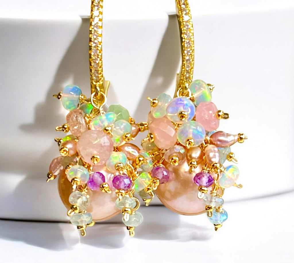 Pink Round Pearl and Gem Cluster Wedding Earrings with Tourmaline and Opals 2