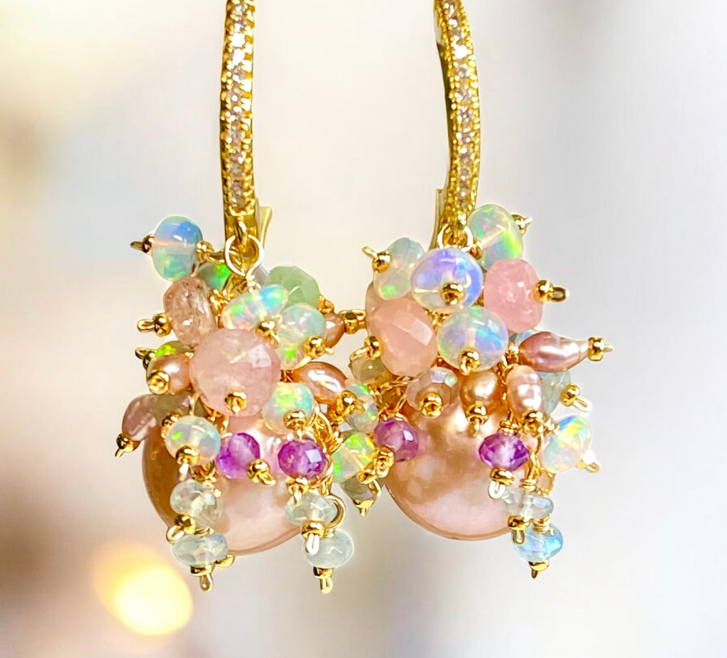 Pink Round Pearl and Gem Cluster Wedding Earrings with Tourmaline and Opals 2