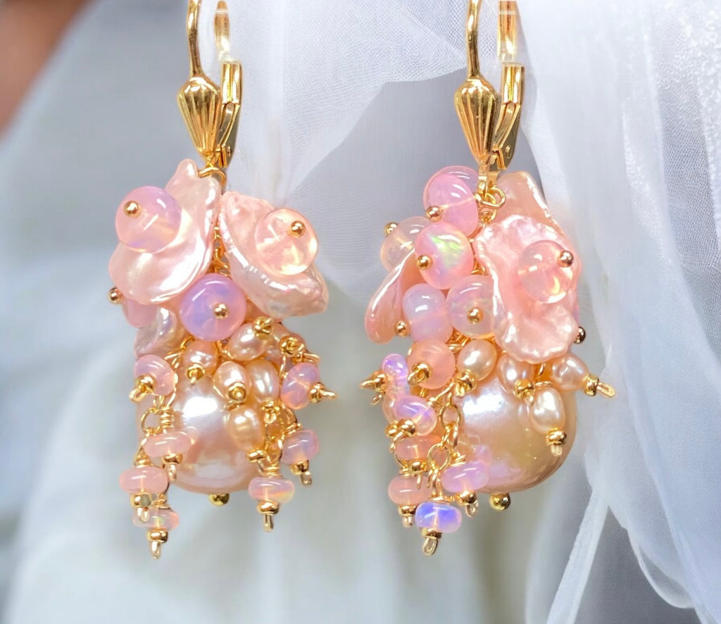 Pink Pearl Ethiopian Opal Cluster Bridal Earrings Gold Fill