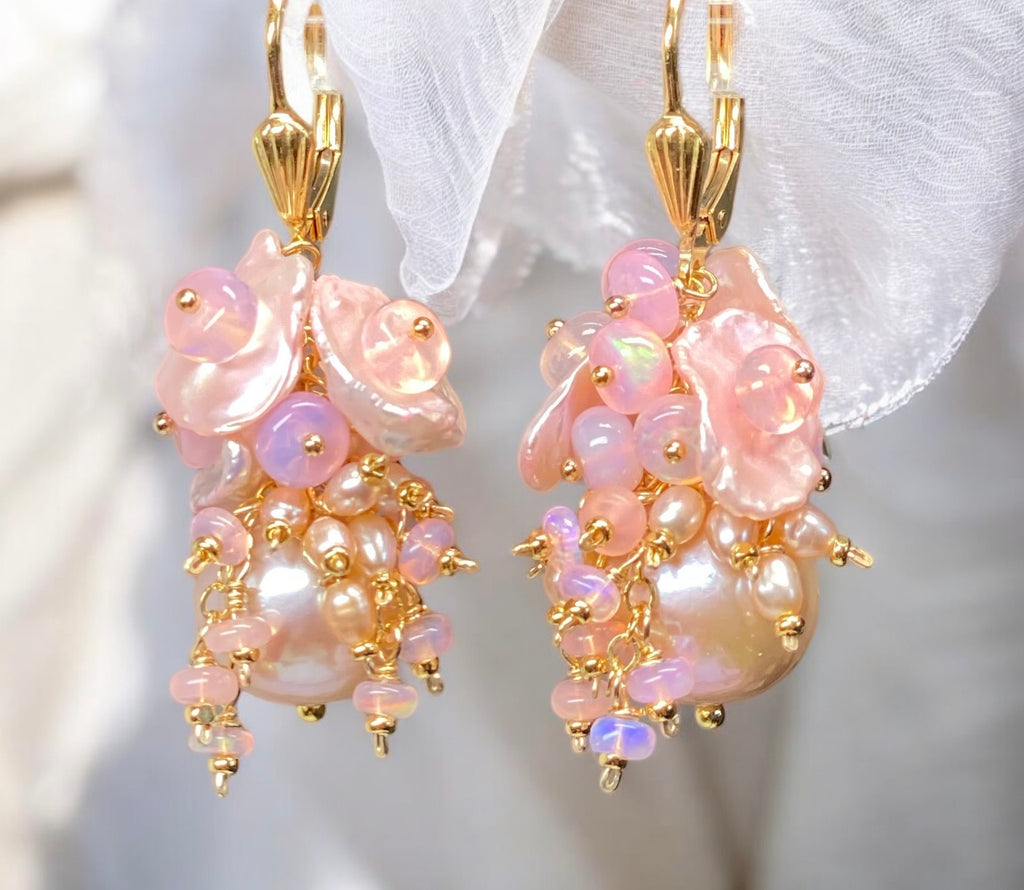 Pink Pearl Ethiopian Opal Cluster Bridal Earrings Gold Fill