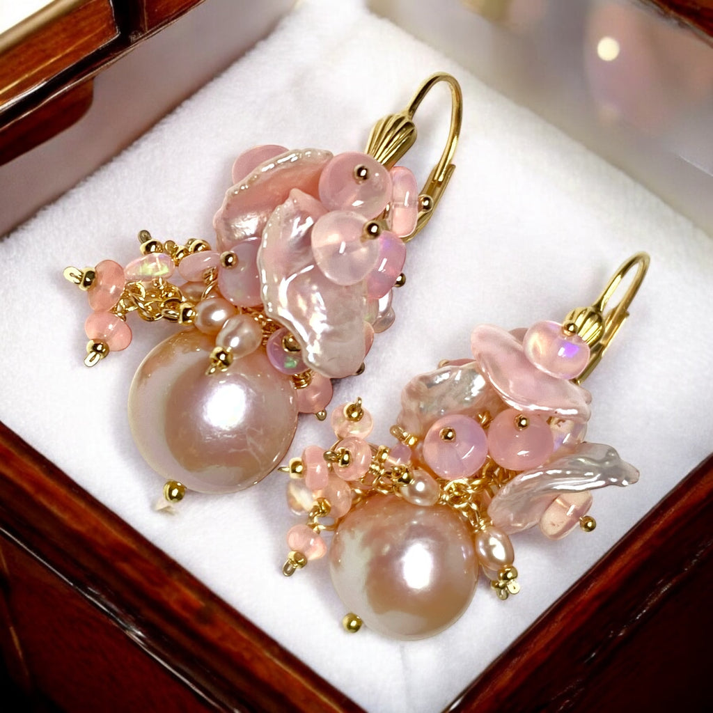 Pink Pearl Ethiopian Opal Cluster Bridal Earrings Gold Fill