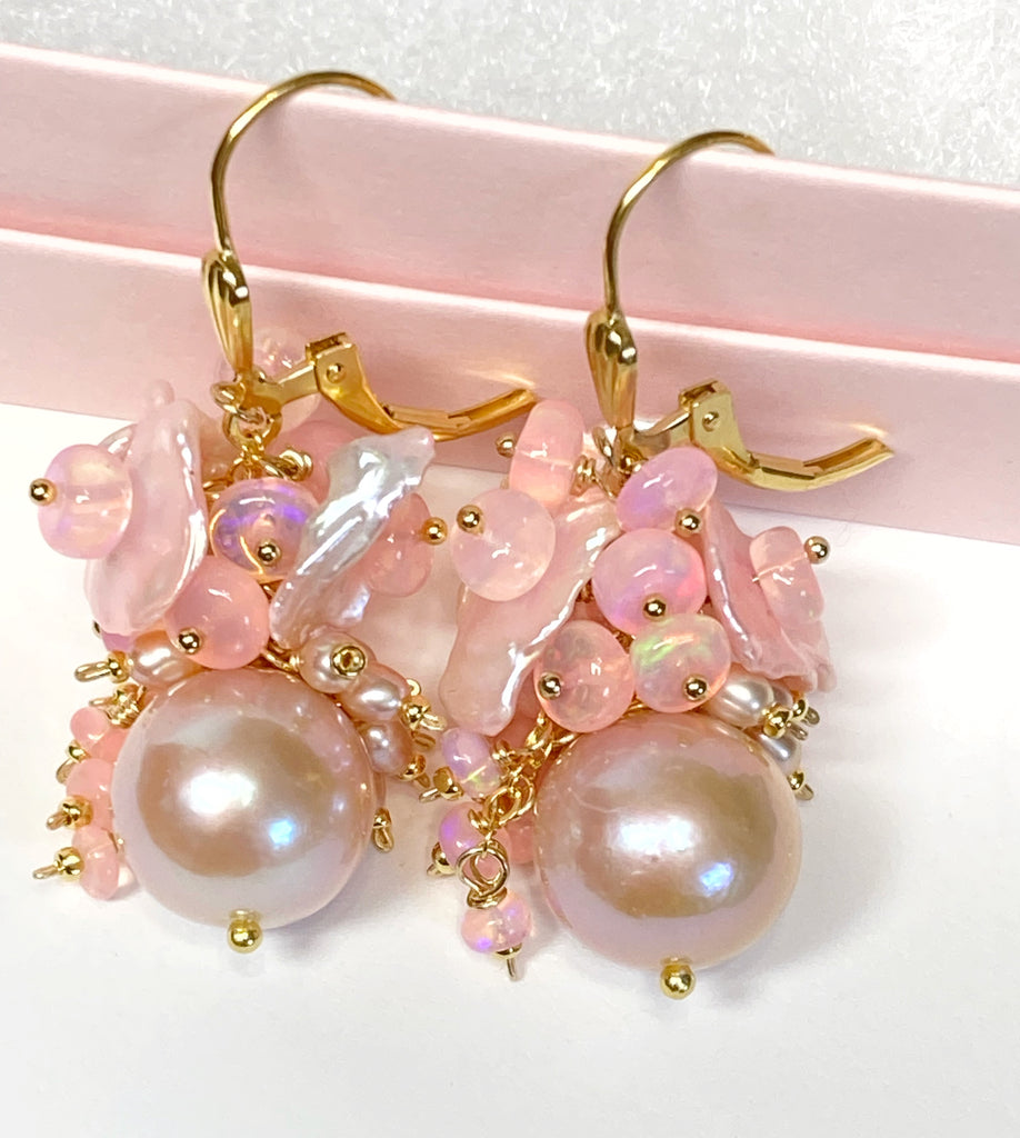 Pink Pearl Ethiopian Opal Cluster Bridal Earrings Gold Fill